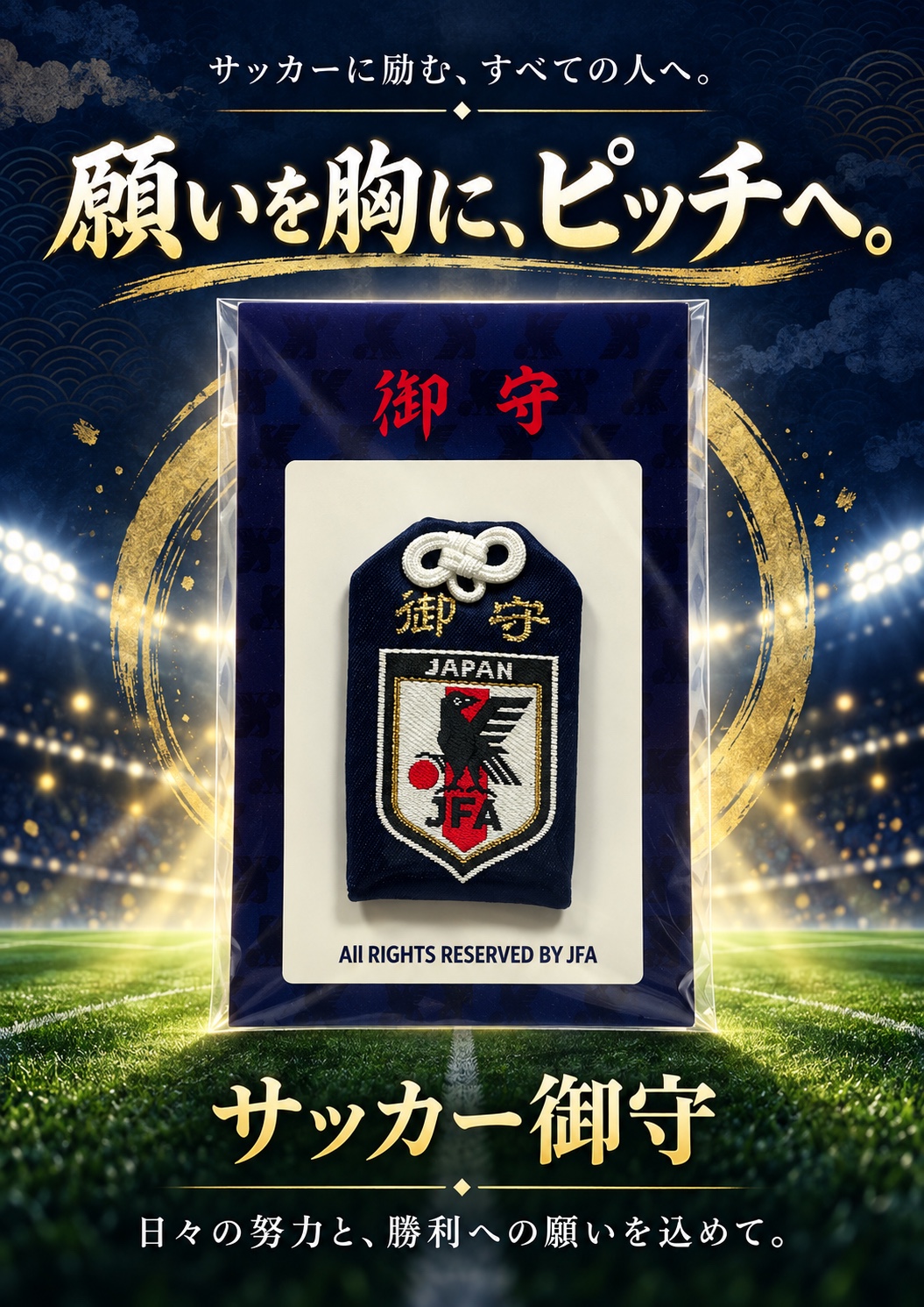 競技場を背景にしたJFA公認サッカー御守の案内