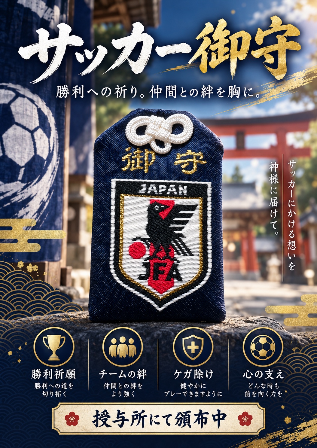 鴉宮のJFA公認サッカー御守と四つの願いを紹介する案内